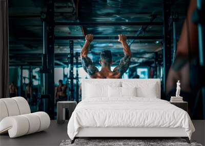 Back view of shirtless young man doing pull-ups in gym Wall mural