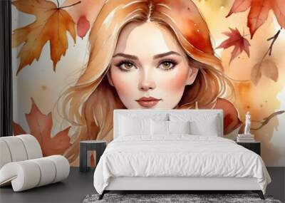 Beautiful woman in an autumn. Autumn leaves background. Watercolor. Generative AI Wall mural