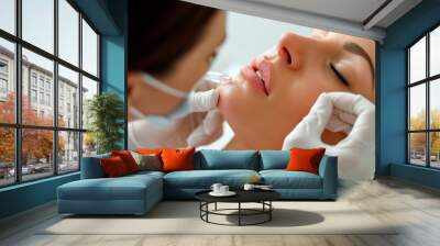 Beautiful young woman receiving hyaluronic acid cosmetic injection on her lips in a beauty salon Wall mural