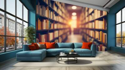 Abstract blurred empty college library interior space. Blurry classroom with bookshelves by defocused effect. use for background or backdrop in book shop business or education. Generative AI Wall mural