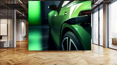 Closeup of electric car plug charging in green colors, ecology and future concept with copyspace Wall mural