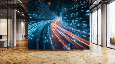 Highway to the digital realm with binary code and light speed trails Wall mural