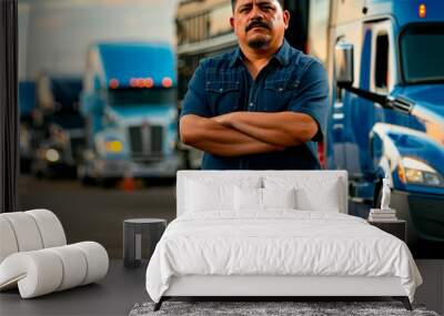 Latino trucker standing next to his truck with confident attitude proud of his work. Wall mural