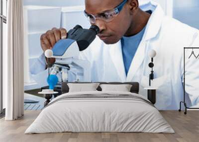 Scientist Looking Under Microscope. Scientific Lab, Experiment, Medic, Vaccine, Biotechnology Research Wall mural