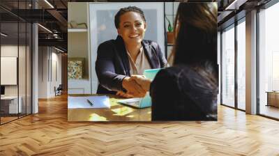 smiling young adult black executive businesswoman handshake with client in office shot Wall mural