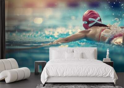 A woman swims in a pool wearing a red and white swim cap. The water is calm and clear Wall mural