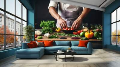 Closeup of male hands cooking vegetable salad in the kitchen at home, AI generated Wall mural