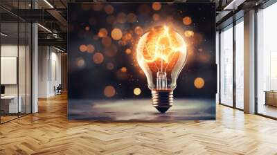 Glowing light bulb on bokeh background. 3d rendering, AI generated Wall mural