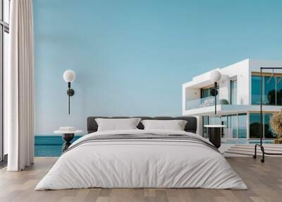 Modern white villa with sea view on the background. Nobody inside. AI generated Wall mural