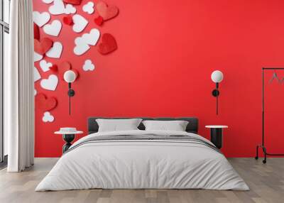 Valentine's day background with red and white hearts on red background. AI generated Wall mural