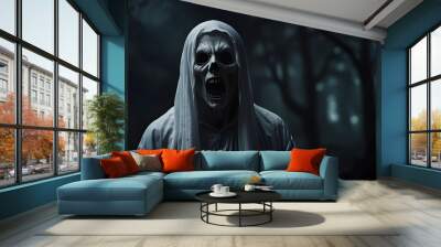 Evil halloween ghost avatar with open mouth coming towards you scary spooky horror background. Generative AI Wall mural