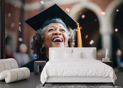 African-American Senior Woman Happy with College Graduation, Celebration, School Achievement Wall mural