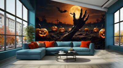 Halloween, zombie hand coming out of the ground, scene with lantern, full moon, flying bats. Generative AI. Wall mural