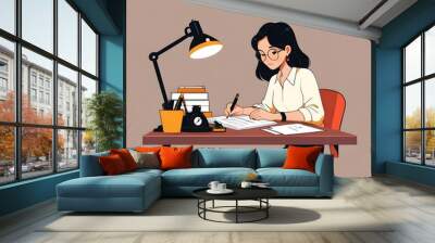 Illustration of woman writer flat design. Generative AI. Wall mural