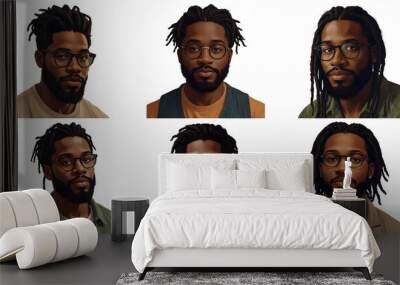 Illustration set of black man with glasses on white background Wall mural