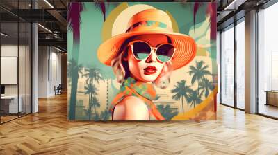 60s fashion blonde woman wearing trendy sunglasses. Summer collage. Wall mural