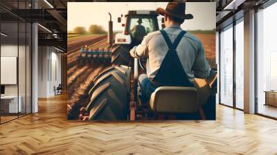 A farmer driving a tractor in a field Wall mural