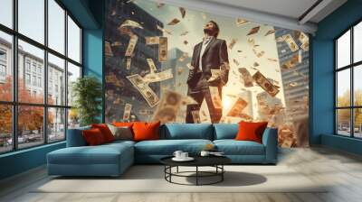 Businessman running with a lot money on the street.achievement or success concepts Wall mural