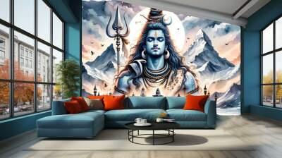 Watercolor painting illustration of lord shiva in meditation with a trident. Wall mural