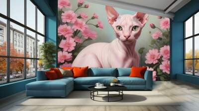 Painting of a hairless cat surrounded by pink flowers. Illustration. Generative AI Wall mural