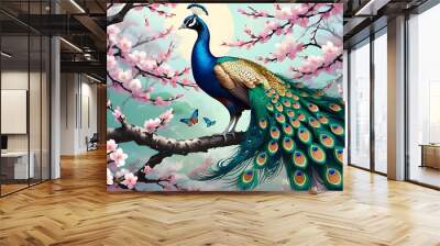 Portrait of a beautiful peacock in the garden. illustration vector. Generative AI Wall mural