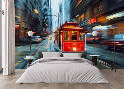 Red Trolley Car Driving Down City Street Motion Blur Wall mural