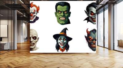 Set of cartoon horror devil, frankenstein, clown, witch, vampire, mummy character faces. vector illustration of evil devil, frankenstein, clown, witch, vampire, mummy smile scary circus monsters.  Wall mural