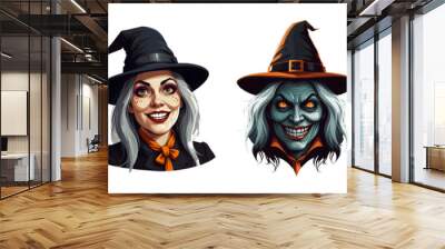 Set of cartoon horror woman witch character faces. vector illustration of evil witch smile scary circus monsters. White background.  Wall mural