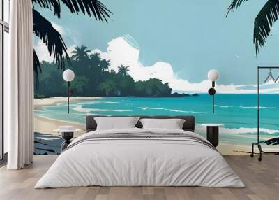 Summer coastal beach with palm trees artful painterly style illustration with grunge brush stroke texture. Generative AI Wall mural