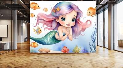 The cute little mermaid interacts with marine life cartoon characters. Watercolor. White background. Generative AI Wall mural