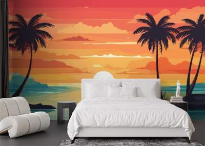 Tropical sunset with palm trees flat vector illustration. Generative AI Wall mural