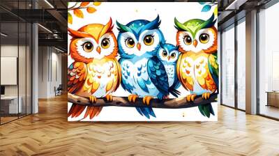 Watercolor cartoon style clipart of a family of cute owl birds on a tree isolated white background. Generative AI Wall mural