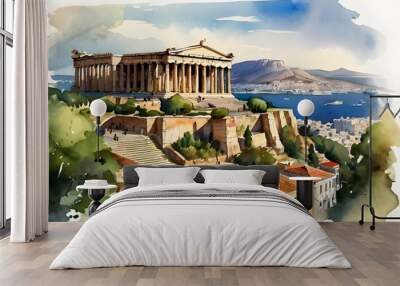 Watercolor illustration of beautiful view of Athens, Greece. Generative AI Wall mural