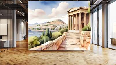 Watercolor illustration of beautiful view of Athens, Greece. Generative AI Wall mural