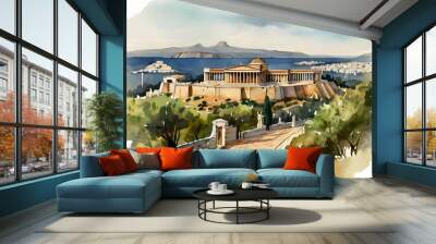 Watercolor illustration of beautiful view of Athens, Greece. Generative AI Wall mural