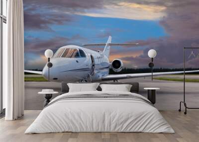 Private jet on the runway with the stair down Wall mural