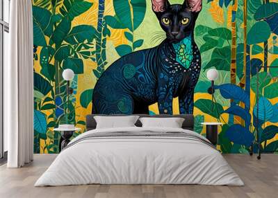 a black oriental short hair cat in a jungle with also geometrical blue and green patterns - generated by ai Wall mural