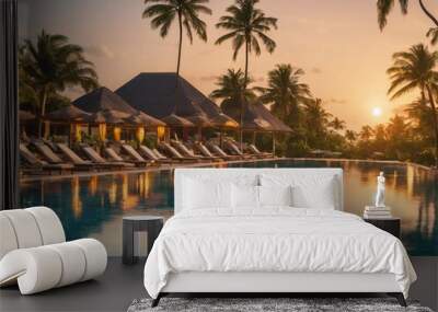 Idyllic sunset beach scene, infinity pool in luxury resort, tropical landscape with palm trees and sun loungers and closed umbrellas. Luxury summer holiday and beach vacation concept - generated by ai Wall mural