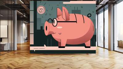 A large pink piggy bank sporting glasses with a coin flying towards it in the backdrop, symbolizing smart savings, financial literacy, and economic stability. Wall mural