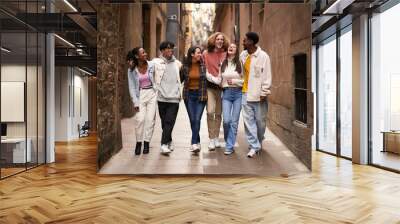 Group of young happy friends walking in the street of the city. Smiling students laughing and having fun togethers Wall mural