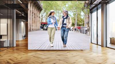 Happy adult Caucasian tourist couple looking at each other walking holding hand for street in city. Mature people in love enjoying romantic getaway. Positive relationships and spring retiree holidays Wall mural