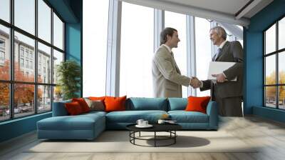 Businessmen shaking hands in front of large glass windows Wall mural