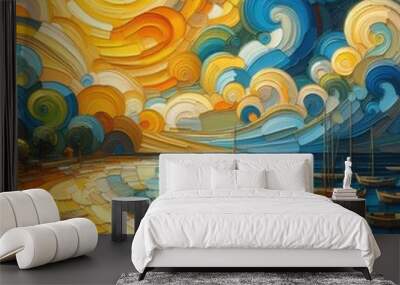 Vibrant Abstract Ocean Waves: Geometric Coastal Landscape with Generative AI. Wall mural