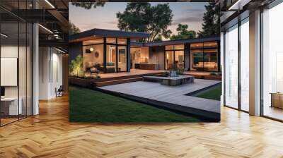 3d rendering of modern cozy house with pool and parking for sale or rent in luxurious style and beautiful landscaping on background. Clear summer night with many stars on the sky. Wall mural