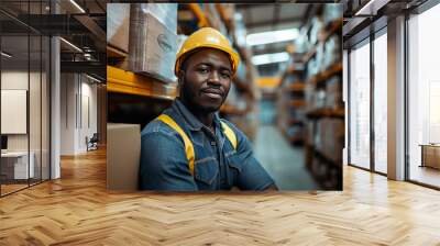 African-American man wearing safety hardhat and vest, working in warehouse, copy space Wall mural