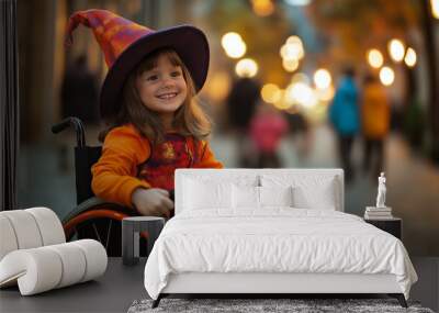 Disabled Caucasian little girl in Halloween costume ready to trick or treat with friends, handicap accessibility, copy space Wall mural