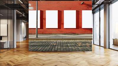 Four vertical blank white poster mock up on side of brick building, side walk and street in foreground, copy space Wall mural