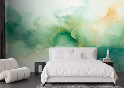 Líquido abstracto fondo - Alcohol ink tinta, fluido, - Oro elegante, blanco, verde  Wall mural