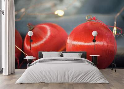 Christmas tree balls decor. Close up. Copy space. Wall mural