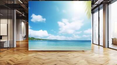 Hermosa imagen de fondo de la playa tropical. Brillante sol de verano sobre el océano. Cielo azul con nubes claras, océano turquesa con olas , palmeras y arena blanca . Armonía de un ambiente limpio Wall mural